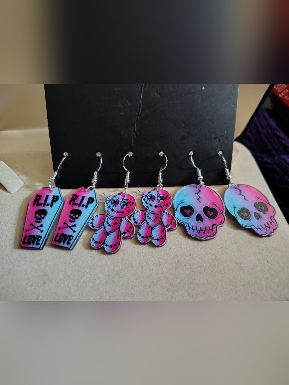 New Set of 3 Halloween Gothic Acrylic Dangle Earrings Pastel Goth Coffin Skull